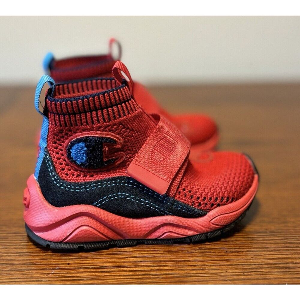 Champion Sneakers Toddler Boys Size 5 Red Blue Slip On Strap Shoes MINT